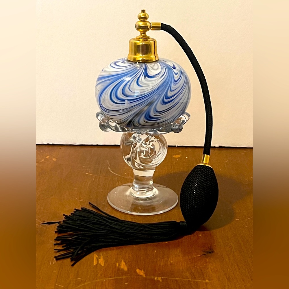 Hand Blown Blue & White Swirl Art Glass Perfume Bottle Atomizer